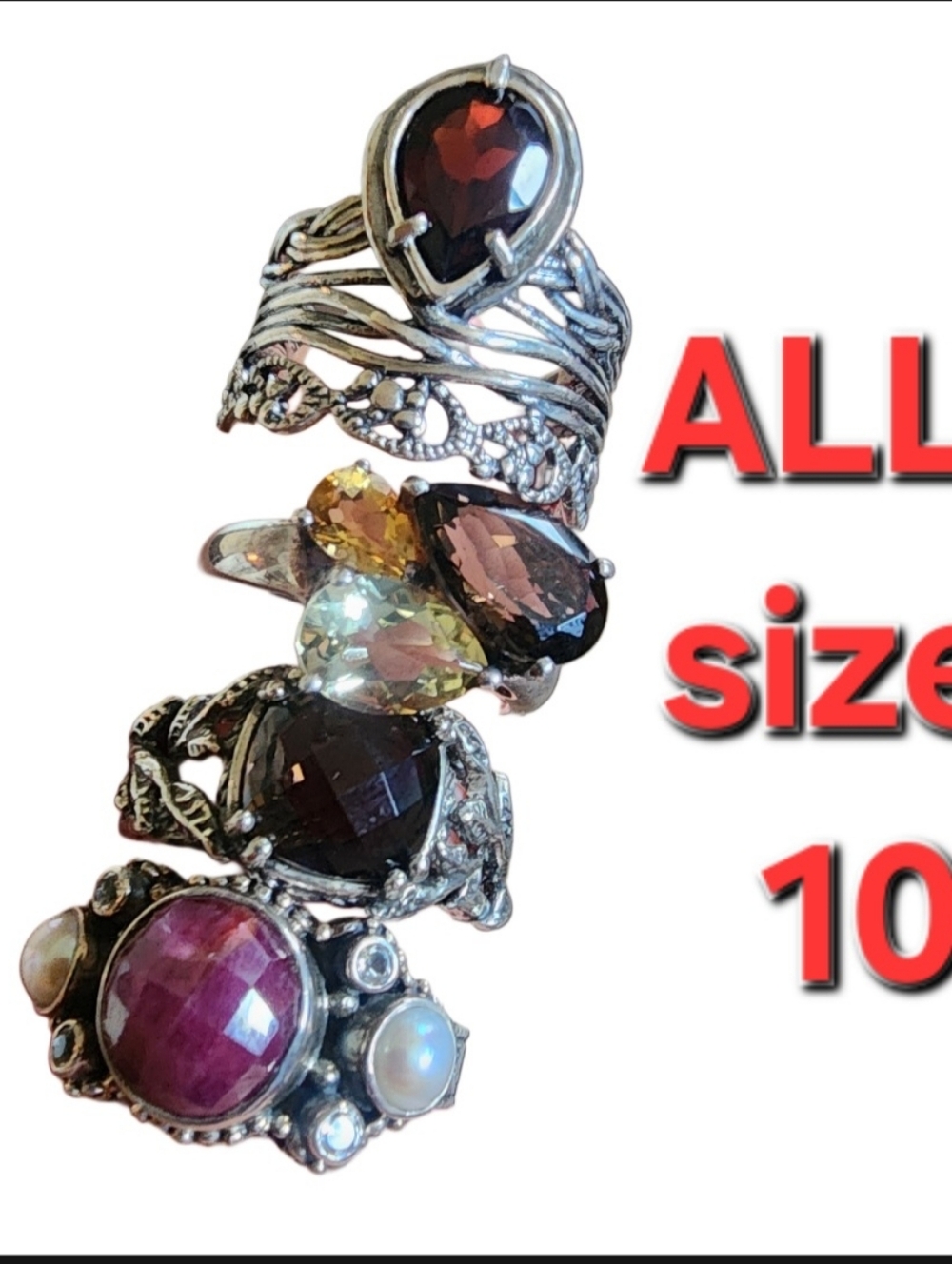 Mixed Lot 4 Gemstone Sterling Silver Rings Stack - Pink, Red, Cream Sz 10 Israel